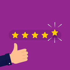Five stars rating button with thumb up on a purple background. Vector illustration