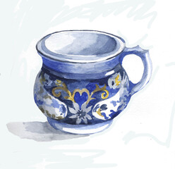 Blue ceramics pot watercolor isolated on white background illustration for all prints. Dishes pattern.