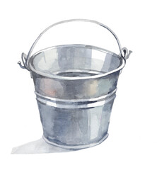 Metal bucket watercolor isolated on white background illustration for all prints. Dishes pattern.