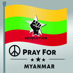 MASS PROTEST IN MYANMAR FLAG POLE STOP DICTATORSHIP REVOLUTION HAND LOGO PROPAGANDHA 2021 SYMBOL ICON LOGO WITH PEACE LOGO