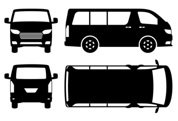 Van silhouette on white background. Vehicle icons set view from side, front, back, and top