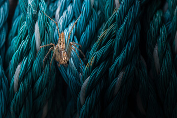 Lynx spider perching on a roll of rope