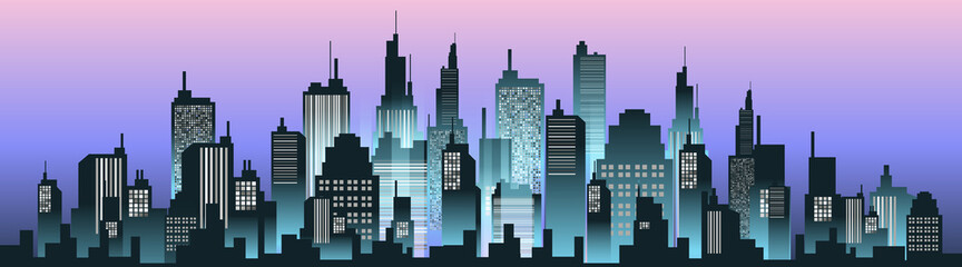 Urban Silhouette Panoramas in Night sky. Vector Cityscape illustration.