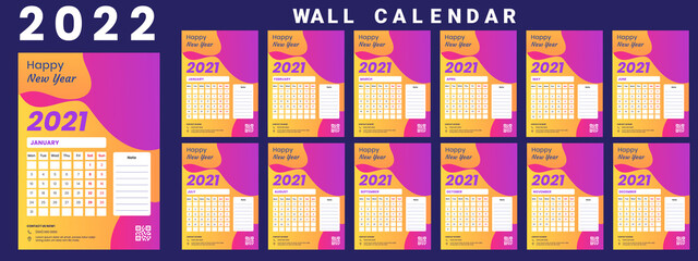 Wall Calendar 2022, Minimal Wall Calendar for 2022, Business Template, Wall calendar design template for 2022, Vector Illustration