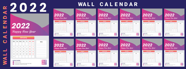 Wall Calendar 2022, Minimal Wall Calendar for 2022, Business Template, Wall calendar design template for 2022, Vector Illustration