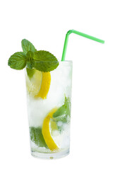 A soft drink, water with lemon and mint in a man, on a white background, isolate