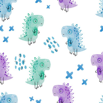 Watercolor hand-drawn colored seamless repeating children pattern with cute dinosaurs in Scandinavian style on a white background. Baby pattern with dinosaurs. Cute baby animals.