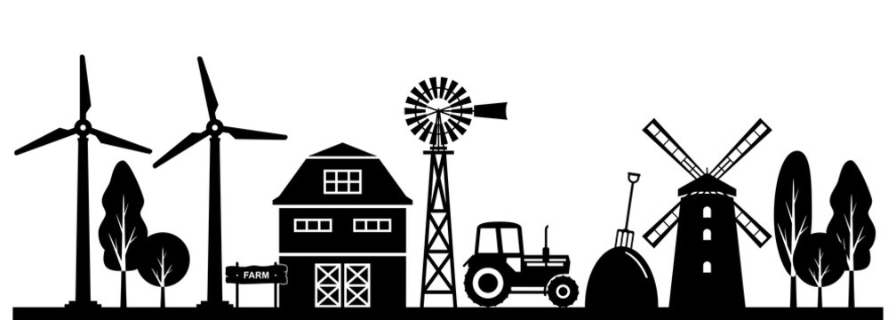 Farm silhouette. Vector silhouette of the countryside. Illustration - barn, mill, tractor, haystack, pitchfork, windmill, trees.