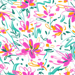 Seamless pattern with bright tropical flowers