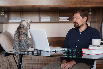 Working at home with pet laying on lap. Man works from home typing on laptop.