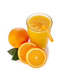 Glass of fresh orange juice with sliced fruits on white