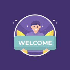 welcome concept. illustration of a man holding a welcome board, welcoming a new member or employee. flat style. vector people design