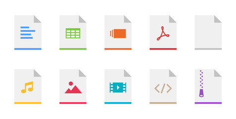 Document type flat icon set. Paper sheet icons