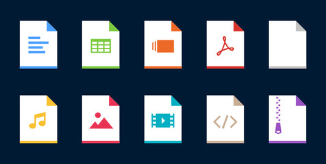 File types flat icon pack on dark background. Vector icons for file download