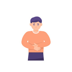 Fototapeta premium illustration of a boy holding his stomach. the expression of a person who is not feeling well or has stomach ailments. nauseous, hungry. flat style. vector design