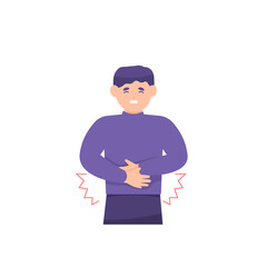 illustration of a boy grimacing in pain due to experiencing or having stomach pain, ulcer, kidney failure, colon cancer, internal disease. holding his stomach. sick person. flat style. design element