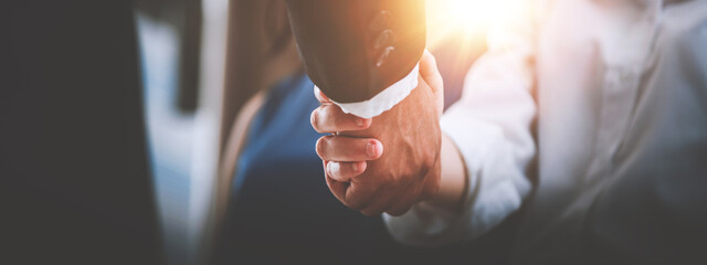 Businessman and businesswoman shake hands and agree to work together on business interests.