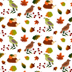 Patterns with birds, hedgehog and autumn leaves. Hello, Autumn. Vector illustration isolated on white background. For prints, childrens clothing, home textiles, covers, brochures, packaging and other