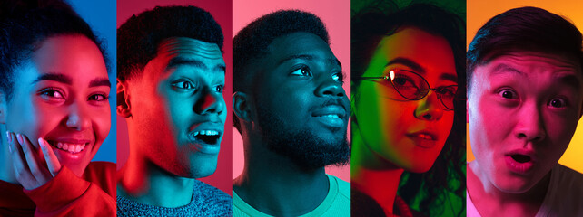 Close-up portrait of young people on multicolored background in neon light, collage. Flyer, collage made of 5 models.