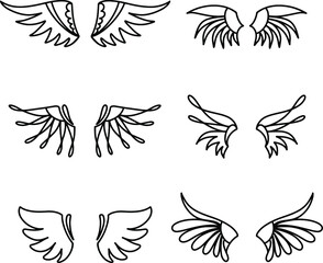 Wings doodle set in hand drawn style on black background. Vector graphic illustration. Hand drawn style. Sketch drawing. Nature background. Line drawing style. Creative concept.
