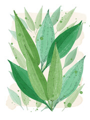Abstract digital painted green leaves with watercolor splatter on white 