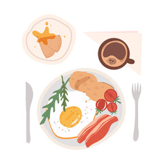 Breakfast with scrambled eggs, bacon, arugula, pancakes, honey and coffee. Vector illustration in flat style