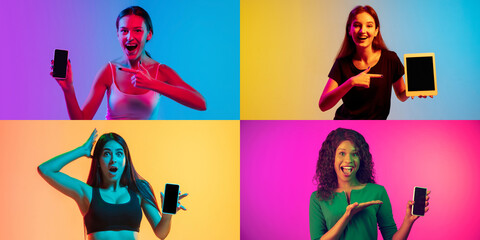 Group of four young girls with smartphones isolated on multicolored background in neon light, collage.