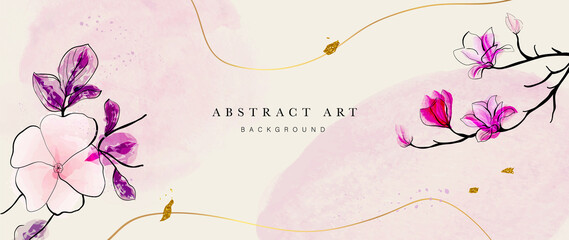 Abstract art botanical background vector. Luxury wallpaper with pink and earth tone watercolor, leaf, flower, tree and gold glitter. Minimal Design for text, packaging, prints, wall decoration.