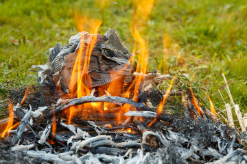 Fire, ashes, grass is engulfed in flames. The concept of fire