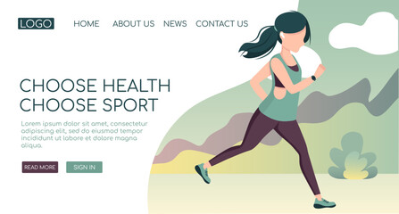 Young woman run outdoor in sportswear with a tracker and EarPods. Sport, Workout, Cardio , Healthy lifestyle, Fitness, Training, Running concept. Vector illustration landing page Web design template.