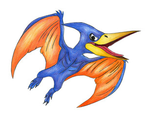 Watercolor flying pterodactyl, Pteranodon. Hand painted dinosaurs isolated on white background. Predator animal of the prehistoric period. Illustration. Watercolor. Template. Clipart. Close-up © Yuliia