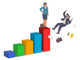 Female boss leader standing on bar chart top and male employee falling down from it, vector illustration. Feminism.