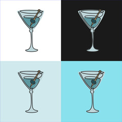 One line drawing martini glass on various background. Four types of images. Colored cartoon graphic sketch. Continuous line way. Hand drawn party drinks concept. Freehand drawing style