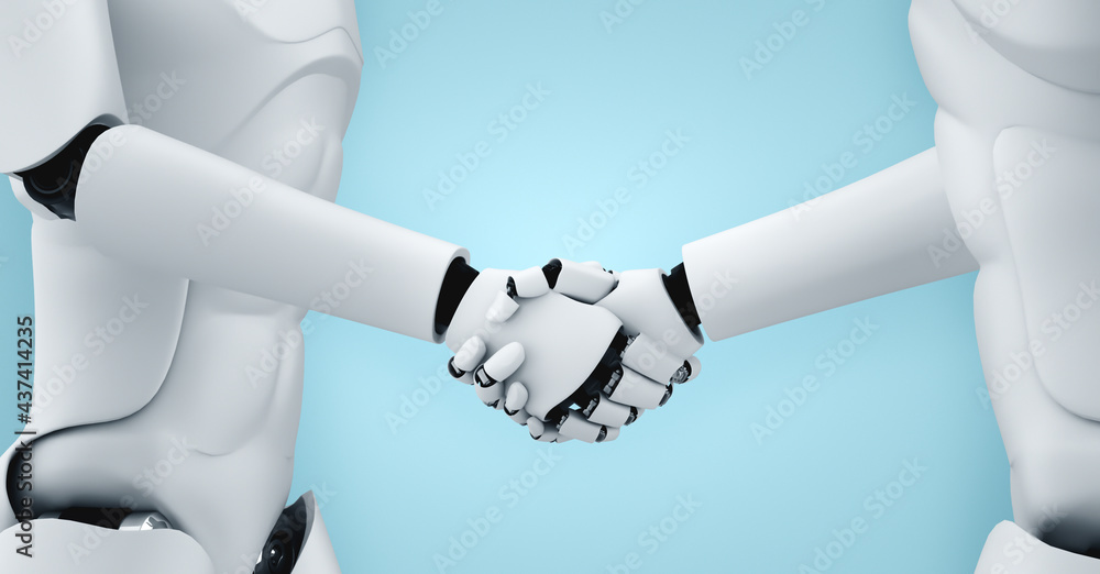 Poster 3d rendering humanoid robot handshake to collaborate future technology development by ai thinking br