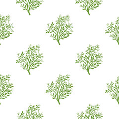 Isolated seamless pattern with green tree silhouettes ornament. White background. Floral shapes.