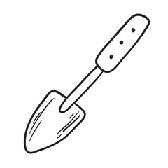 Doodle style shovel for soil and plant cultivation. Garden attribute icon isolated on white background for farming. Children sand scoop.