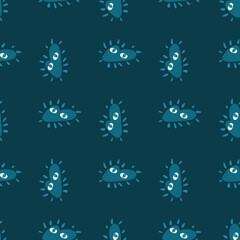 Funny decorative seamless pattern with doodle blue abstract heart ornament. Dark turquoise background.