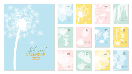 2022 botanical calendar template. Calendar with white silhouette of flowers on pastel backgrounds. Set for 2022 with 12 pages for each month. Vector illustration - obrazy, fototapety, plakaty
