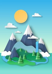 Nature landscape, background. Snowy mountain tops, waterfall, vector paper cut illustration. Tourism, traveling, hiking.