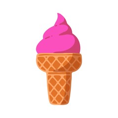 Cartoon pink ice cream in an elegant waffle cone. Isolated icon for the summer menu. Minimal design