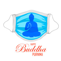 Lord Buddha in meditation wearing mask showing prevention and protection against Corona virus pandemic due to Covid 19 for Buddhist festival of Happy Buddha Purnima Vesak