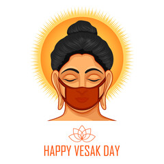 Lord Buddha in meditation wearing mask showing prevention and protection against Corona virus pandemic due to Covid 19 for Buddhist festival of Happy Buddha Purnima Vesak