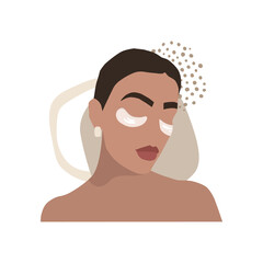 Portrait of a beautiful girl, model. Make-up and accessories, elegant jewelry. Eye patches, beauty treatments. Beige background with abstract shapes. Vector illustration in boho style, fashion sketch.