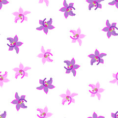 Obraz na płótnie Canvas Isolated seamless pattern with hand drawn purple and pink colored orchid flowers shapes. White background.
