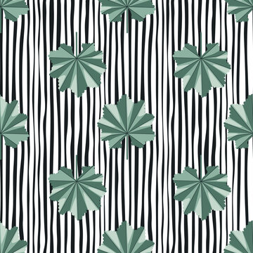 Summer seamless pattern with doodle green abstract jungle ornament. Black and white striped backround.