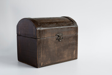 handmade miniature walnut wood jewelery chest. copy space

