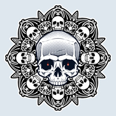 Human Skull over Mandala. Tattoo flesh design. Print, poster, t-shirt textile. Isolated vector illustration.