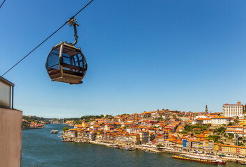 Cable car in Vila Nova de Gaia with Porto in the background, Portugal