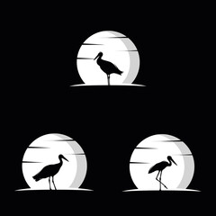 Vintage Retro Sunset Sunrise with Stork Heron Egret Ibis Flamingo Logo Design Vector