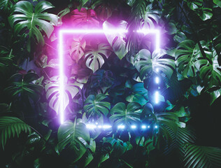 Monstera palm tree neon vapor wave retro cyber paper background concept.